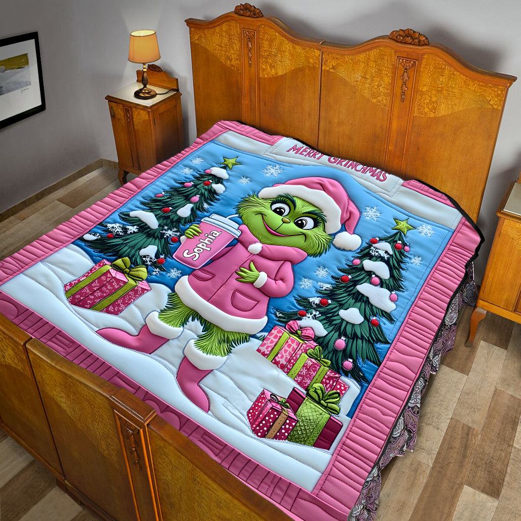 Personalized Grinch Christmas Quilt Custom Name Gift for Kids
