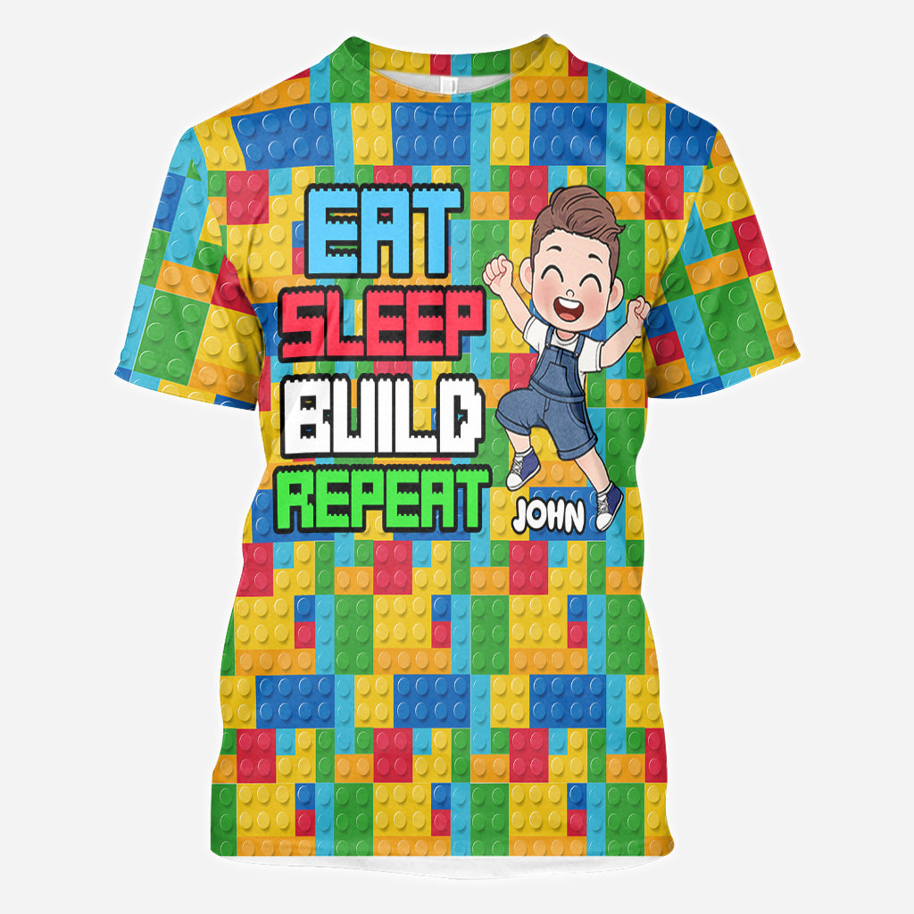 Personalized Fun Kids All Over Shirt with Name – Eat Sleep Build Repeat