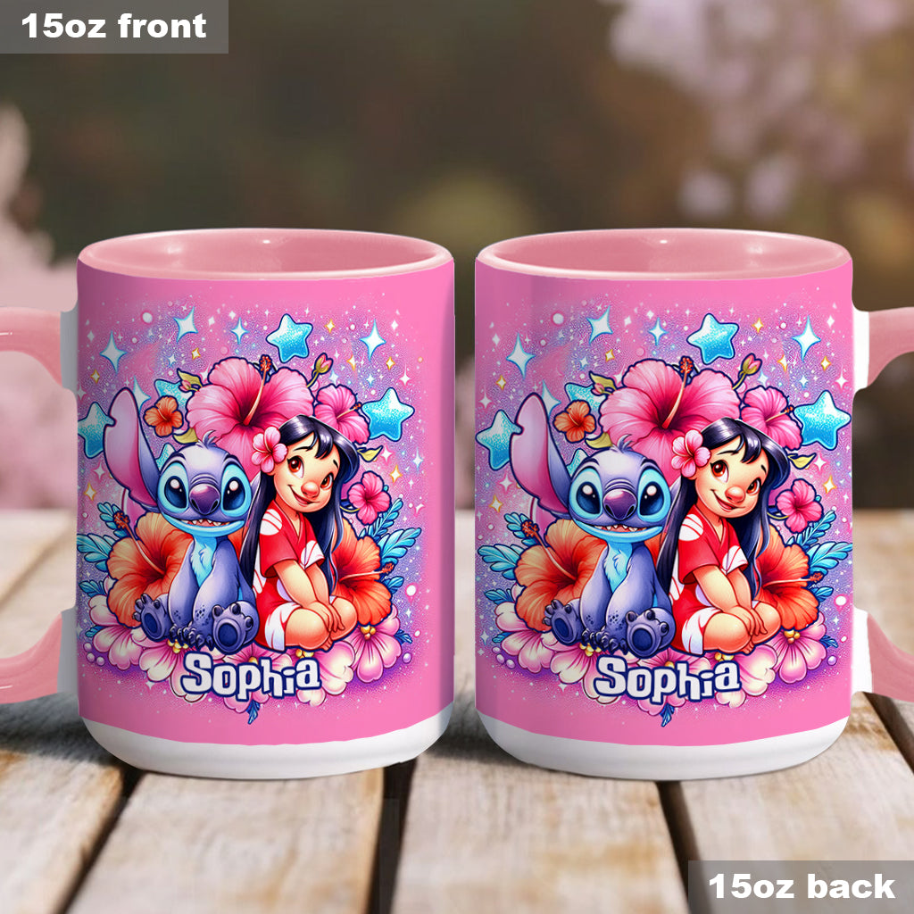 Personalized Pink Accent Mug with Ohana Bubble Flowers Design