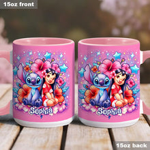 Load image into Gallery viewer, Personalized Pink Accent Mug with Ohana Bubble Flowers Design

