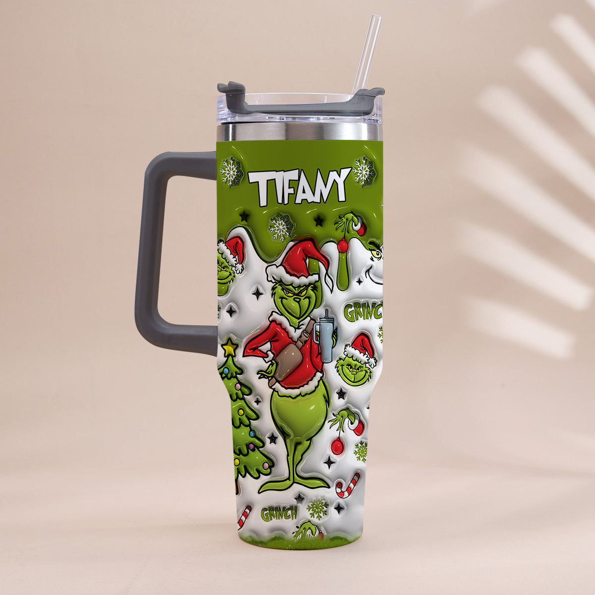 Personalized Grinch Christmas Tumbler with Handle Gift for Mom
