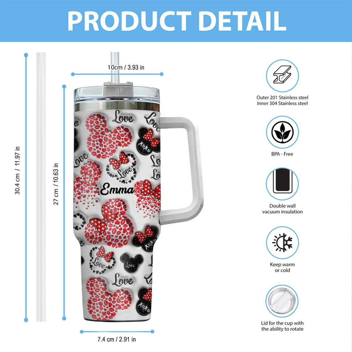 Personalized Mouse Heart Tumbler with Handle for Moms | Unique Christmas Gift