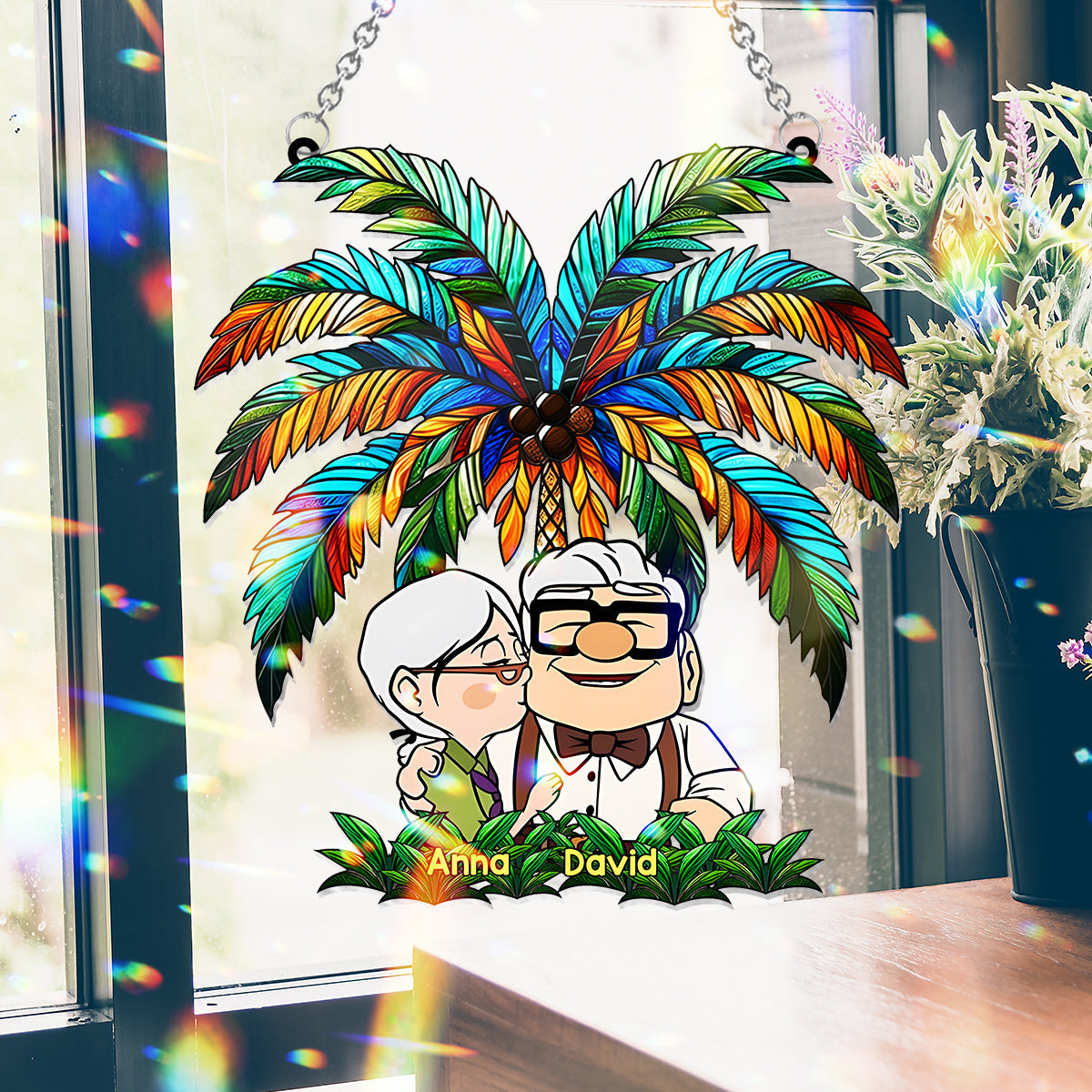 Personalized Palm Tree Suncatcher Ornament for Couples & Animal Lovers
