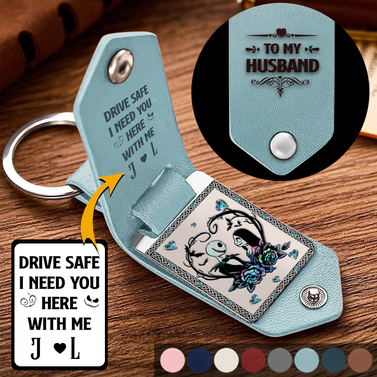 Personalized Leather Photo Keychain Gift for Couples | Drive Safe Reminder
