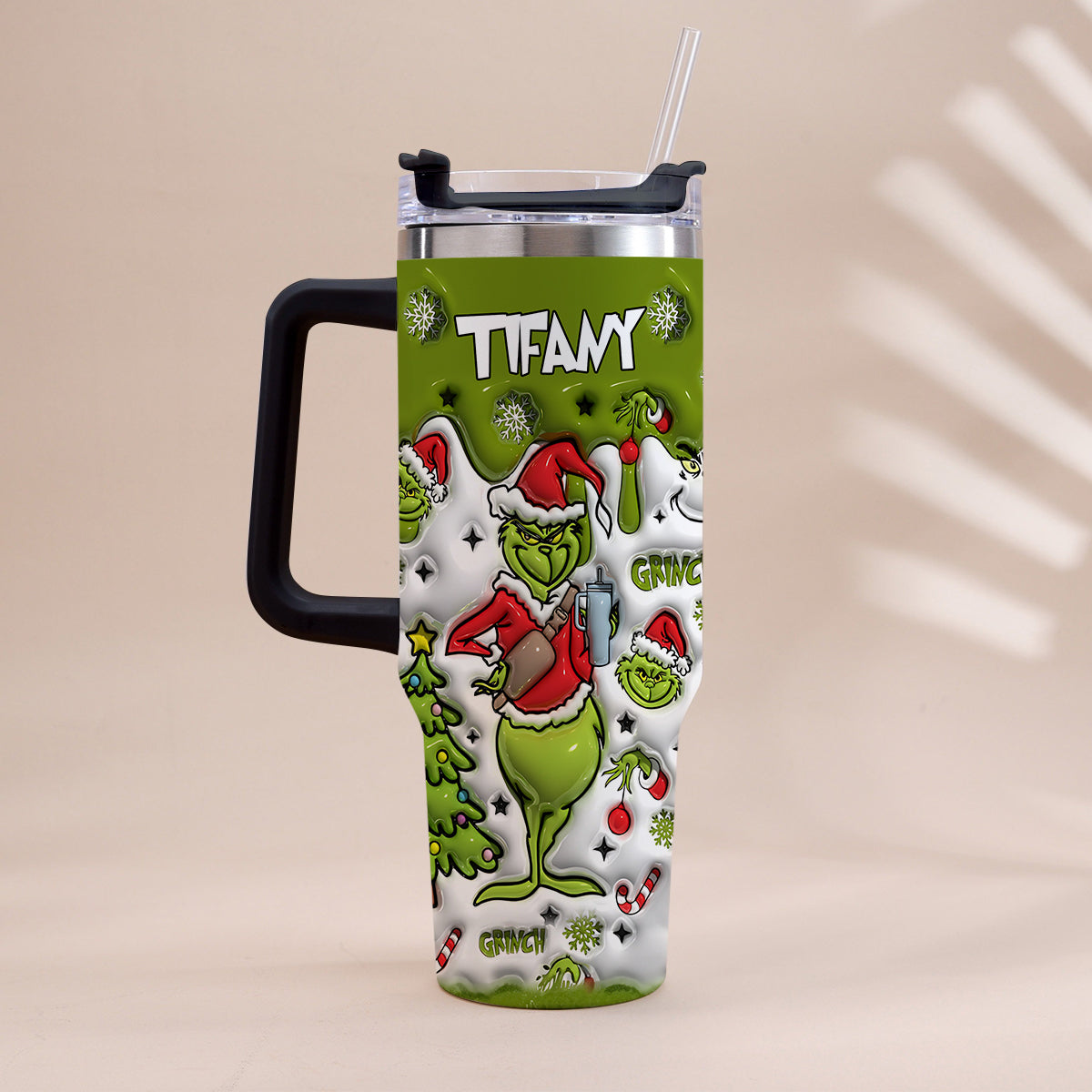 Personalized Grinch Christmas Tumbler with Handle Gift for Mom