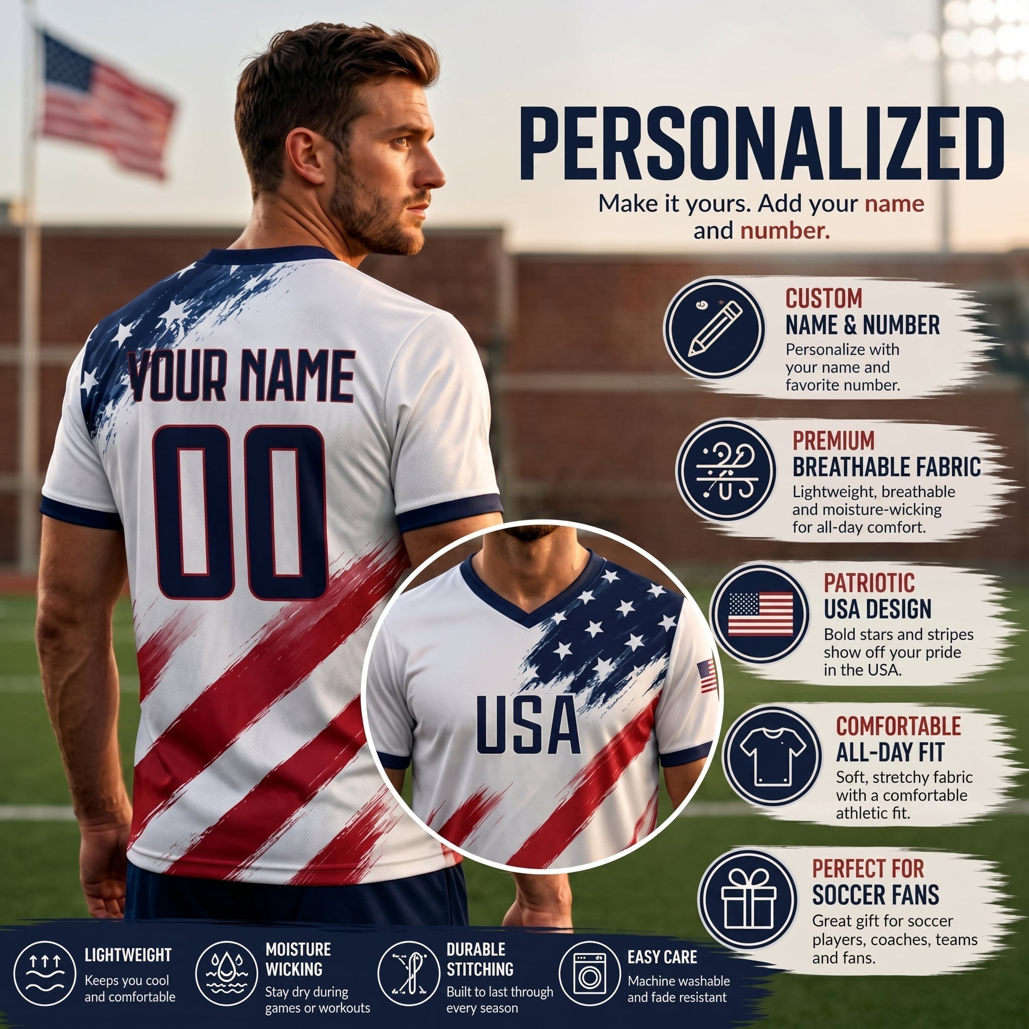 Personalized USA Flag Soccer Jersey Custom Name Number Gift for Sports Fans