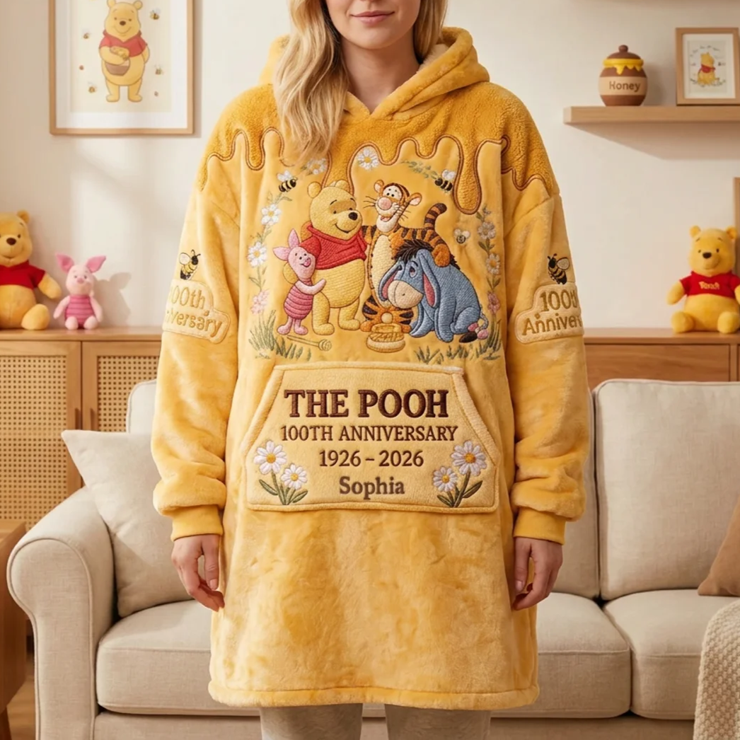 Personalized Pooh Bear 100th Anniversary Blanket Hoodie for Kids & Adults