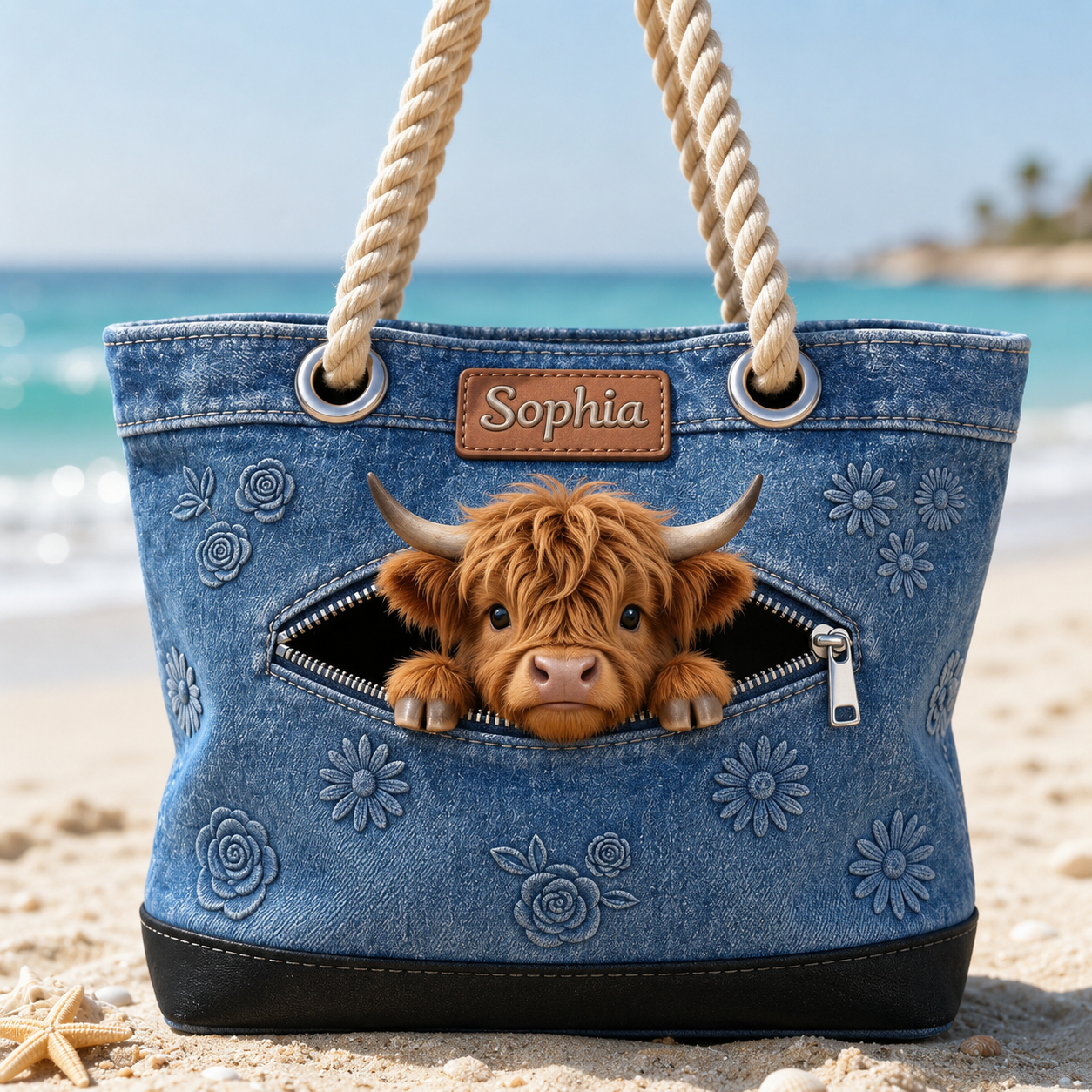 Personalized Highland Cow Denim Beach Bag Custom Name Gift for Farmer