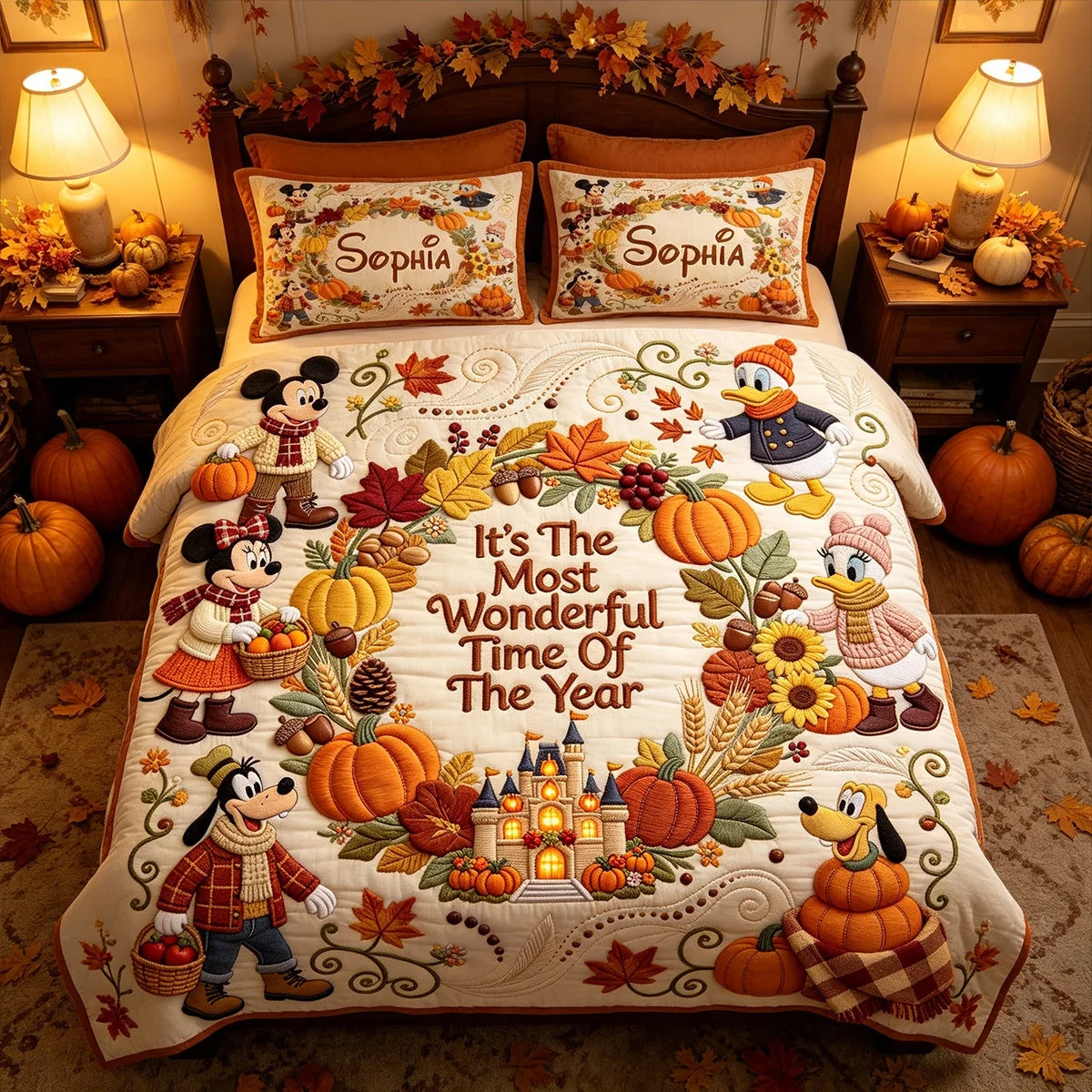 Personalized Quilted Bedding Set Custom Name Fall Theme Gift for Kids