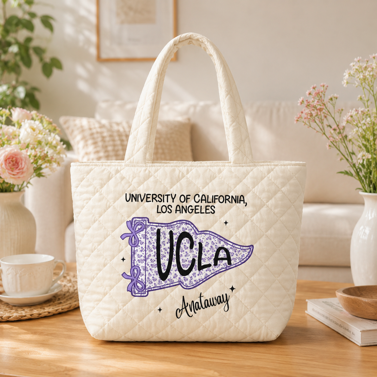 Personalized Quilted Tote Bag Custom School Name Gift for Students
