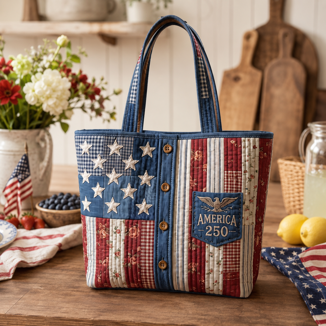 Personalized American Flag Quilted Tote Bag Gift for Her - 250th Anniversary