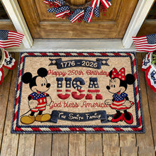 Load image into Gallery viewer, Personalized USA 250th Anniversary Doormat with Mickey &amp; Minnie | Family Gift
