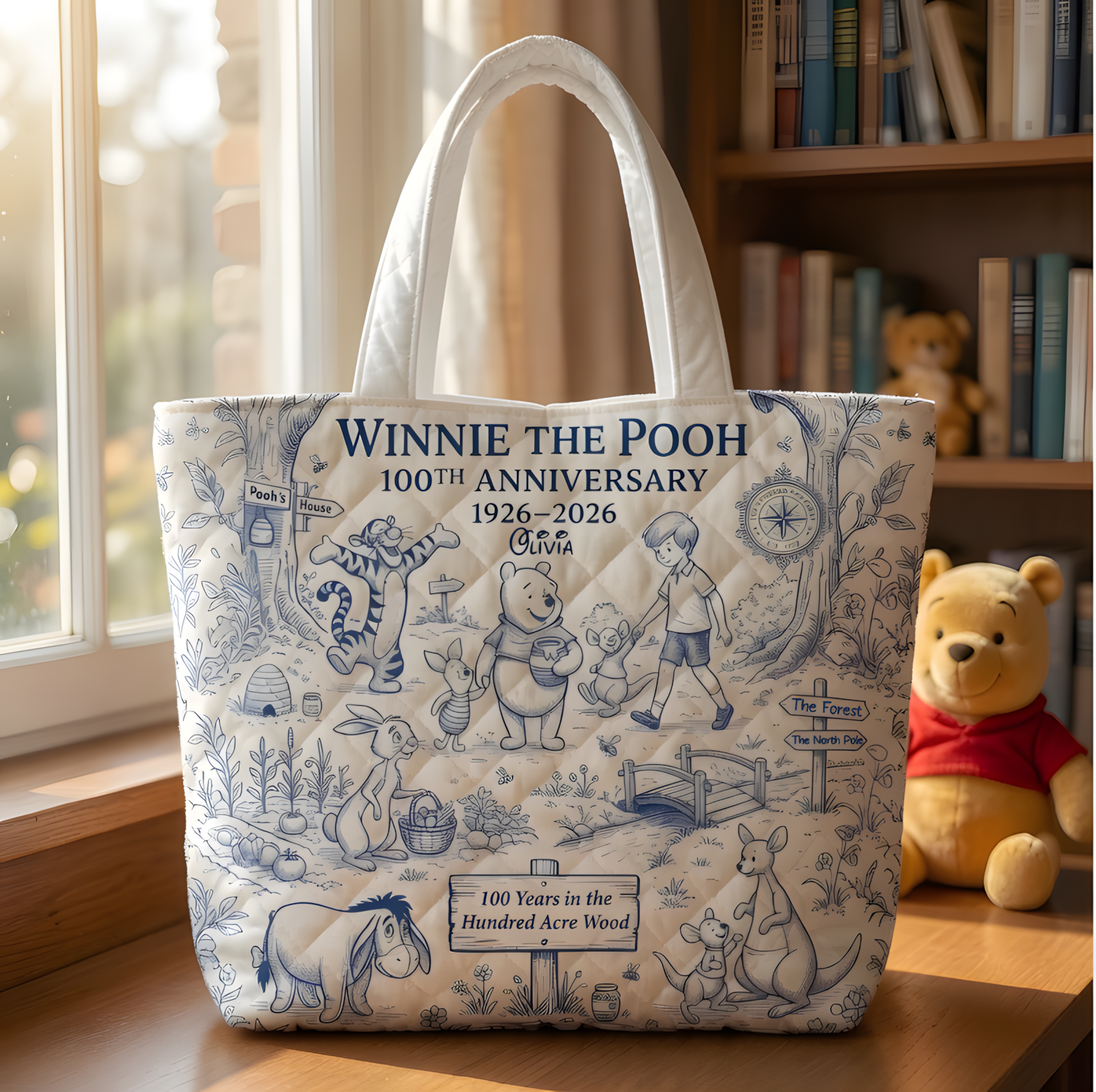 Personalized Winnie the Pooh 100th Anniversary Quilted Tote Bag Gift for Fans