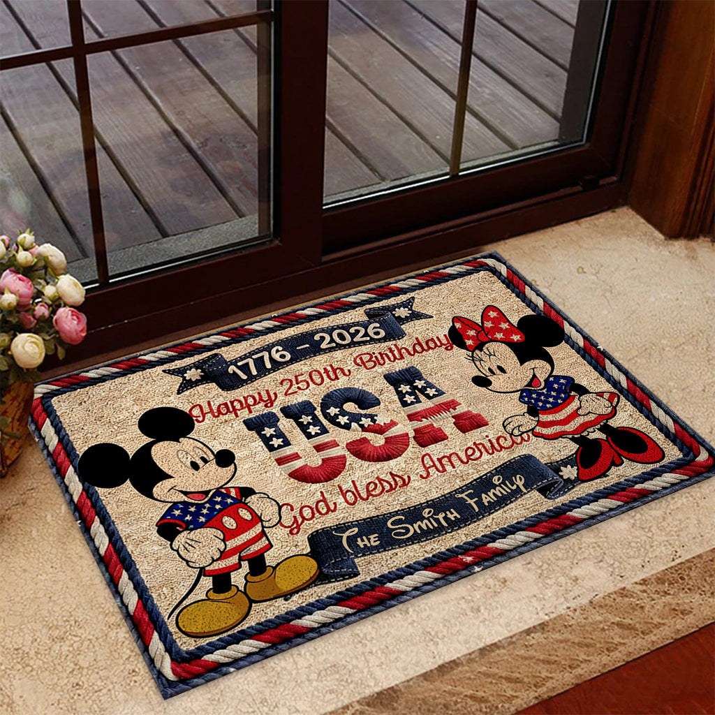 Personalized USA 250th Anniversary Doormat with Mickey & Minnie | Family Gift