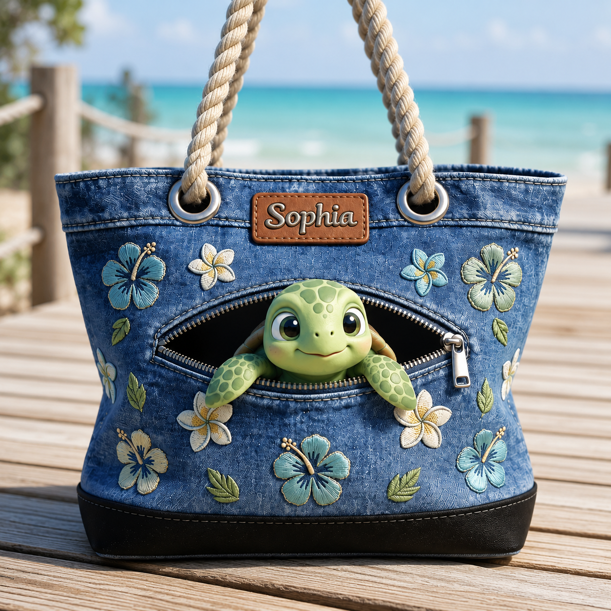 Personalized Beach Bag with Cute Sea Turtle Design for Her