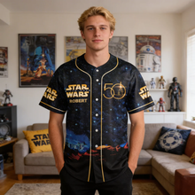Load image into Gallery viewer, Personalized Star Wars 50th Anniversary Baseball Jersey Gift for Movie Fans

