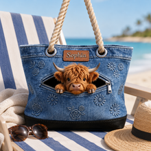 Load image into Gallery viewer, Personalized Highland Cow Denim Beach Bag Custom Name Gift for Farmer
