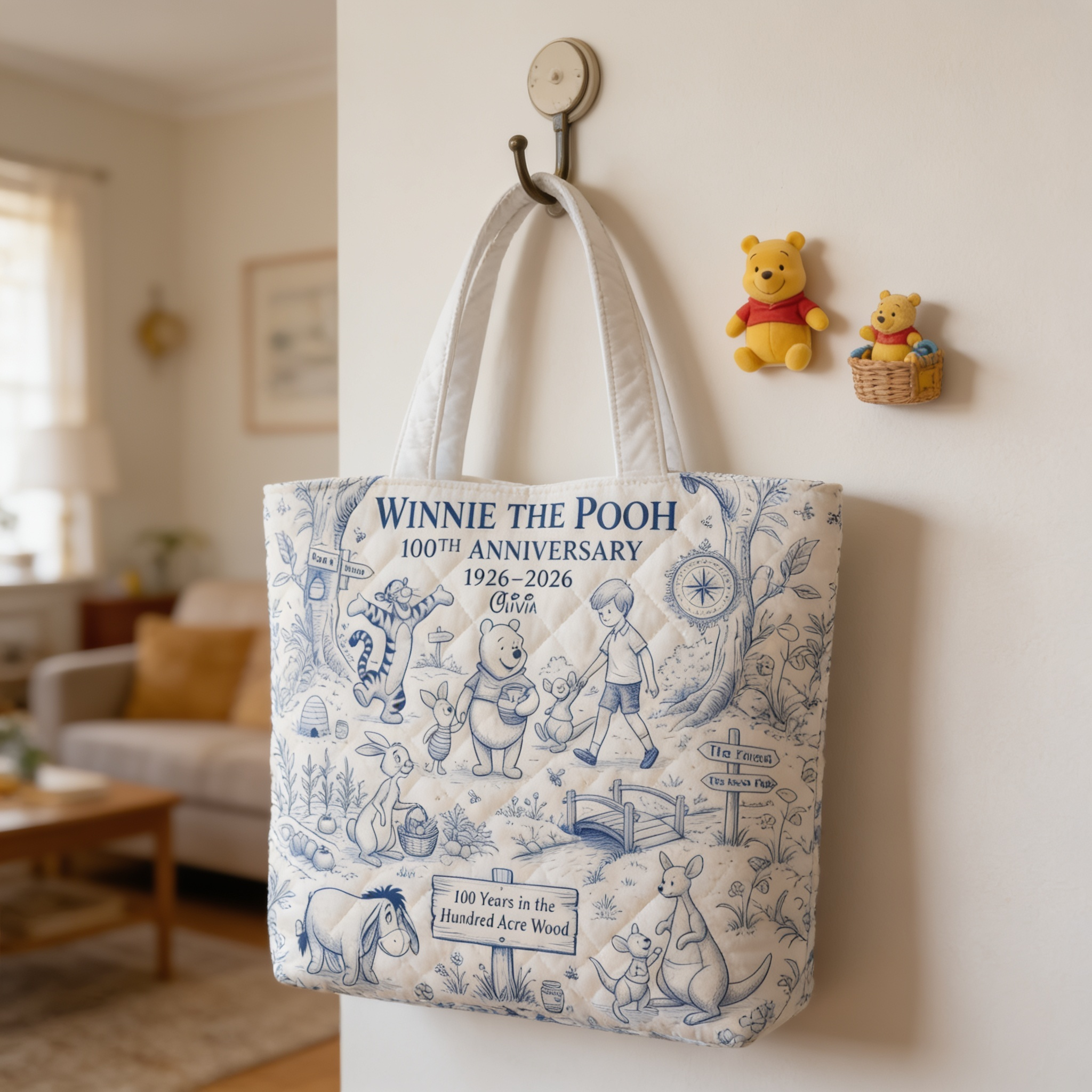 Personalized Winnie the Pooh 100th Anniversary Quilted Tote Bag Gift for Fans