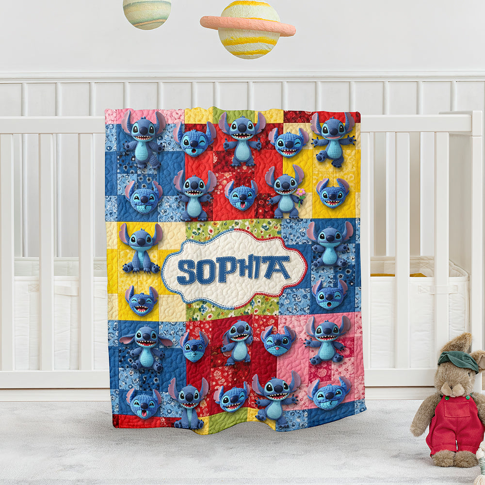 Personalized Cute Blue Stitch Blanket Custom Name Gift for Kids