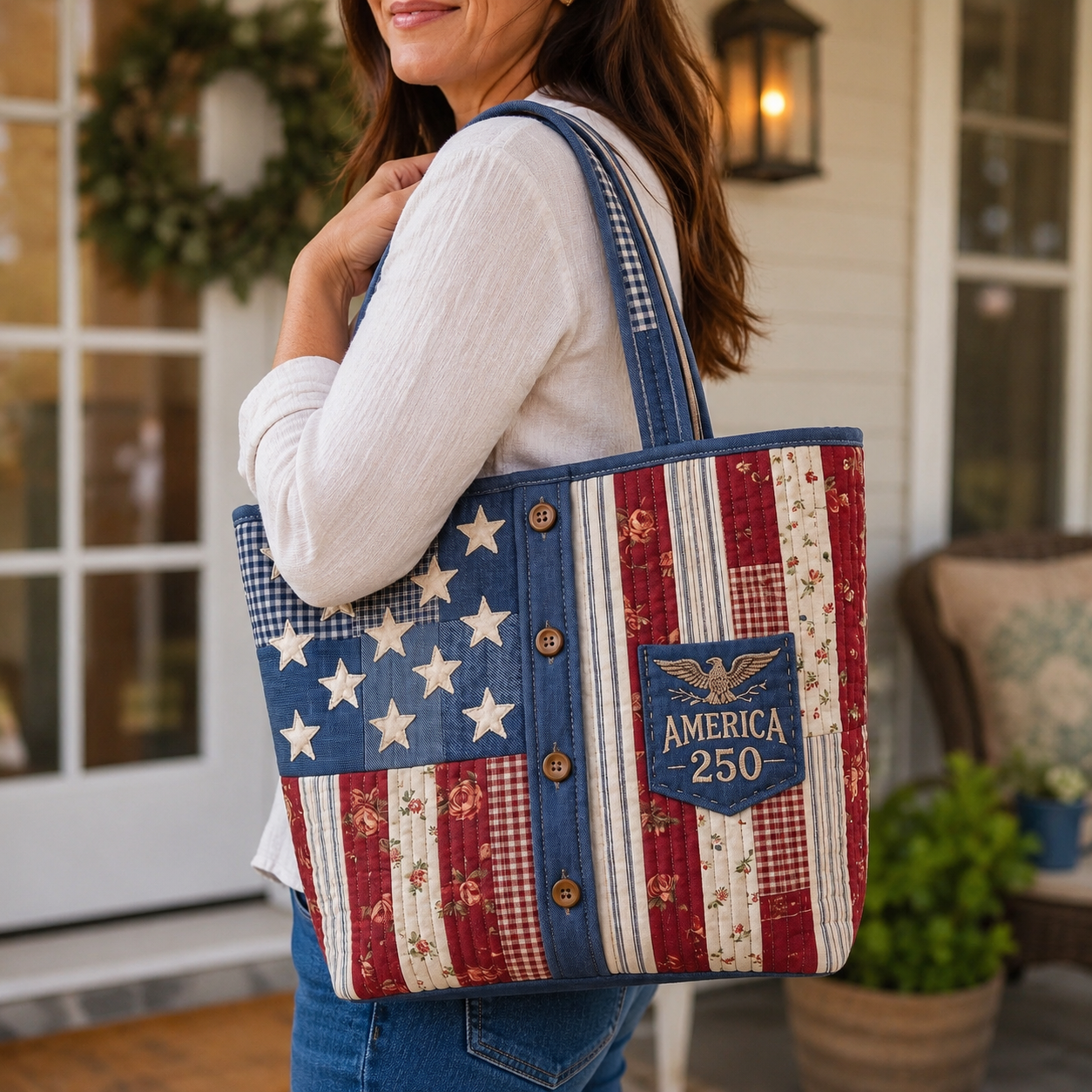 Personalized American Flag Quilted Tote Bag Gift for Her - 250th Anniversary