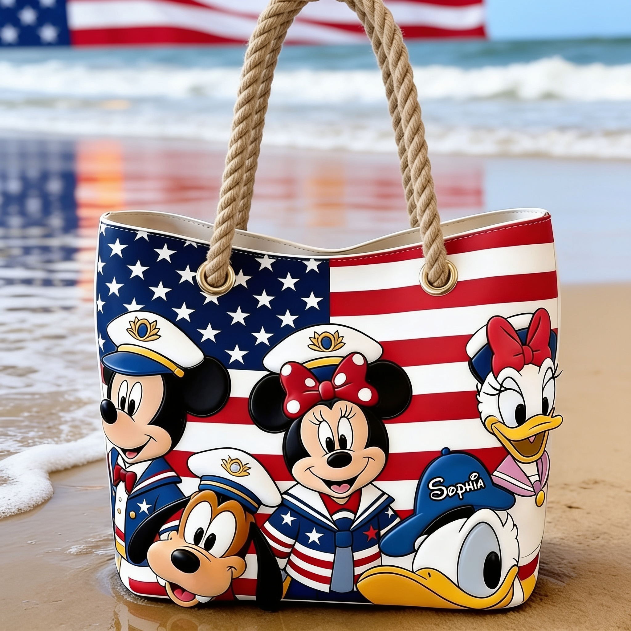 Personalized Beach Bag with USA Flag Design - Custom Vacation Gift for Movie Fans