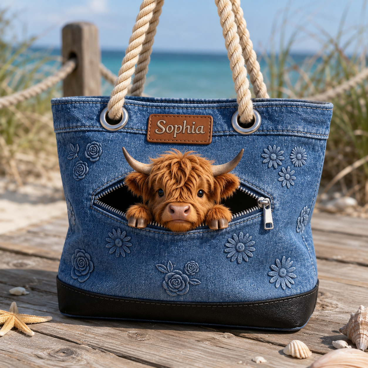 Personalized Highland Cow Denim Beach Bag Custom Name Gift for Farmer