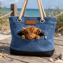 Load image into Gallery viewer, Personalized Highland Cow Denim Beach Bag Custom Name Gift for Farmer
