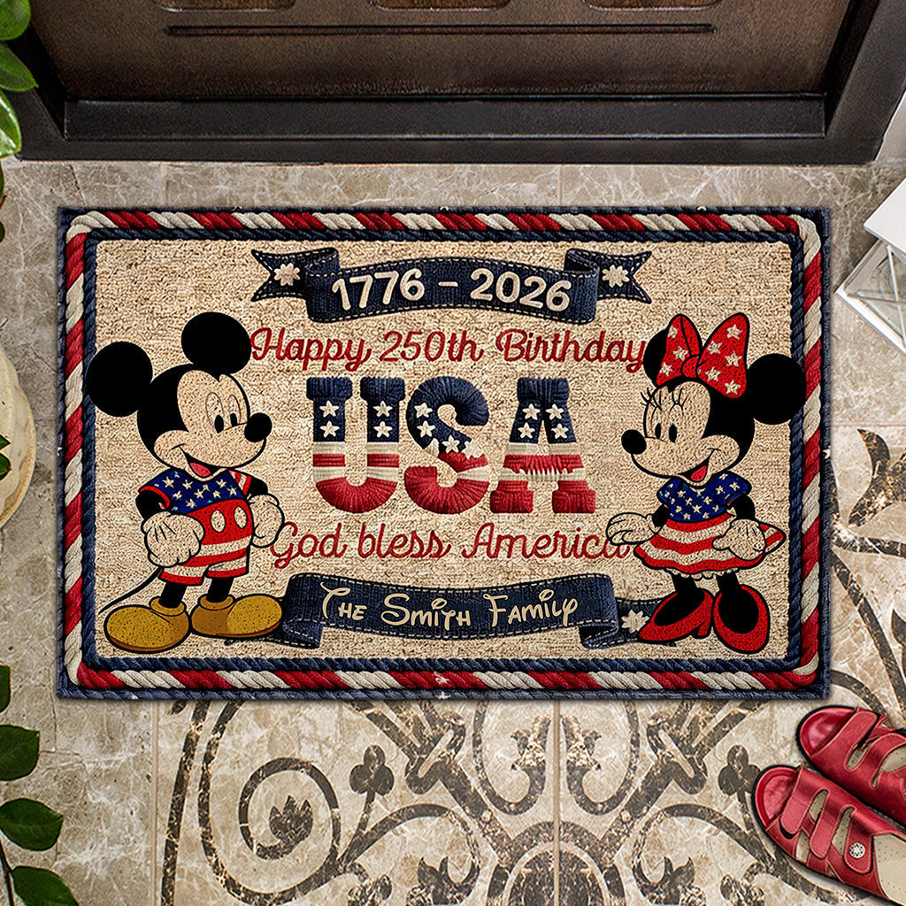 Personalized USA 250th Anniversary Doormat with Mickey & Minnie | Family Gift