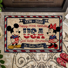 Load image into Gallery viewer, Personalized USA 250th Anniversary Doormat with Mickey &amp; Minnie | Family Gift
