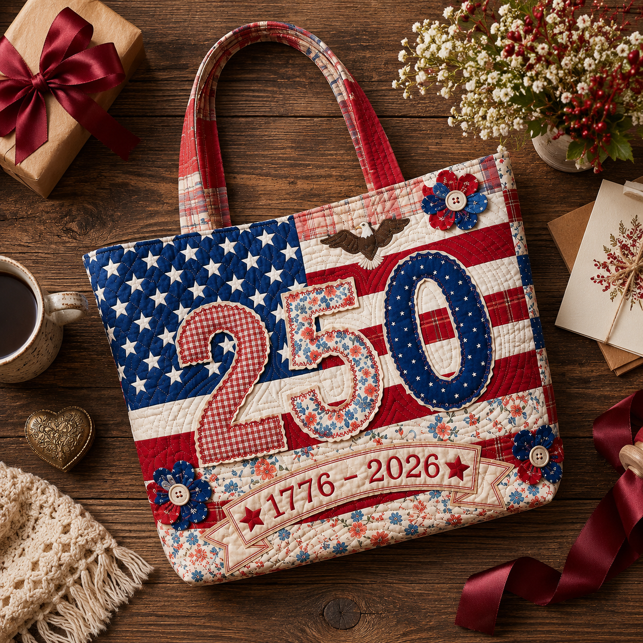 Personalized Quilted Tote Bag American Flag 250th Anniversary Gift for Her