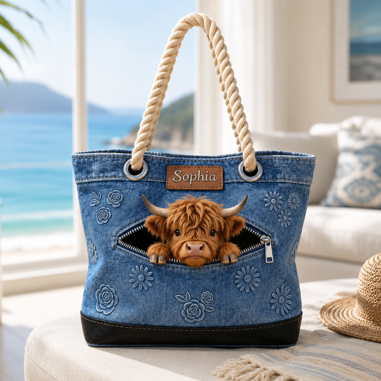 Personalized Highland Cow Denim Beach Bag Custom Name Gift for Farmer