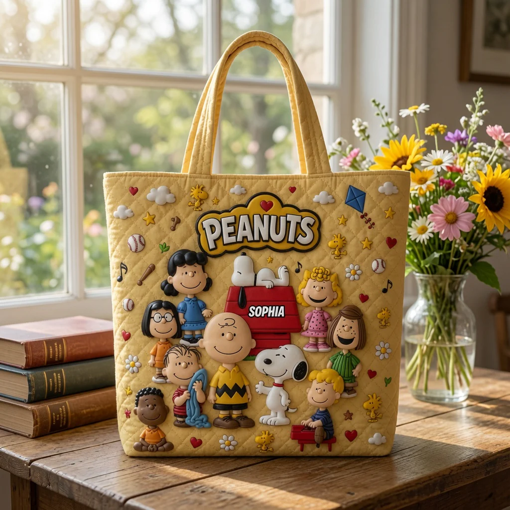 Personalized Peanuts Quilted Tote Bag Custom Name Gift for Her