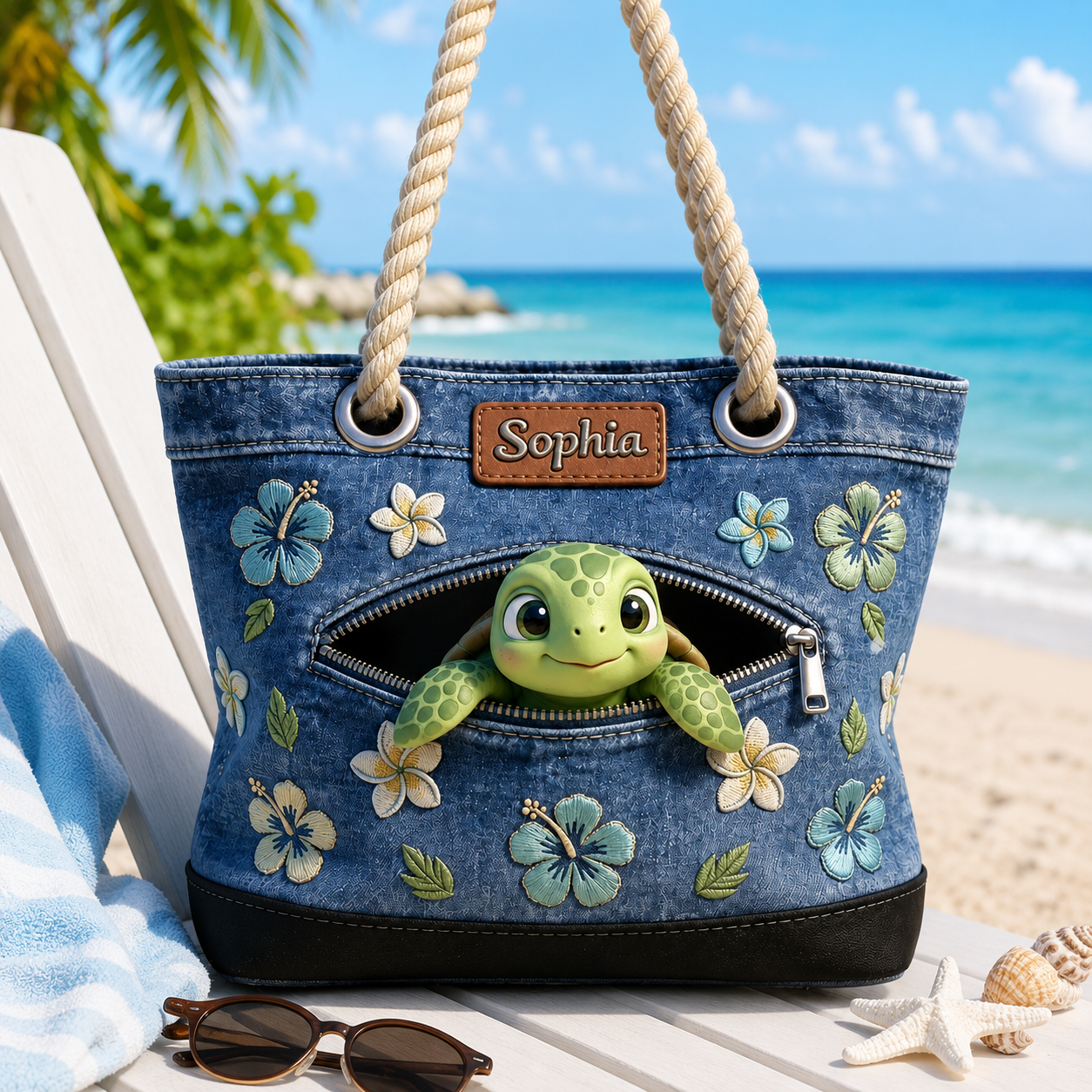 Personalized Beach Bag with Cute Sea Turtle Design for Her