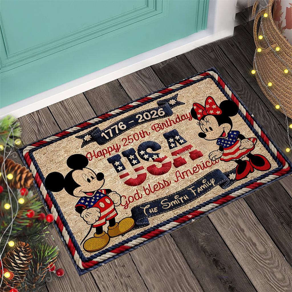 Personalized USA 250th Anniversary Doormat with Mickey & Minnie | Family Gift