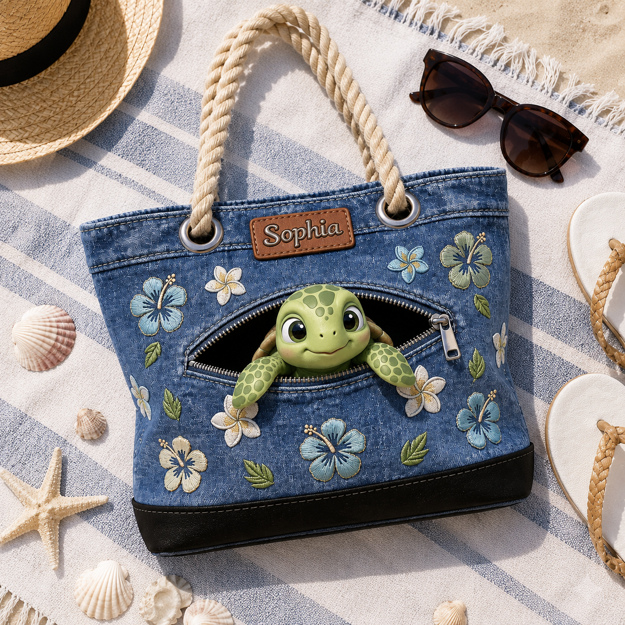 Personalized Beach Bag with Cute Sea Turtle Design for Her