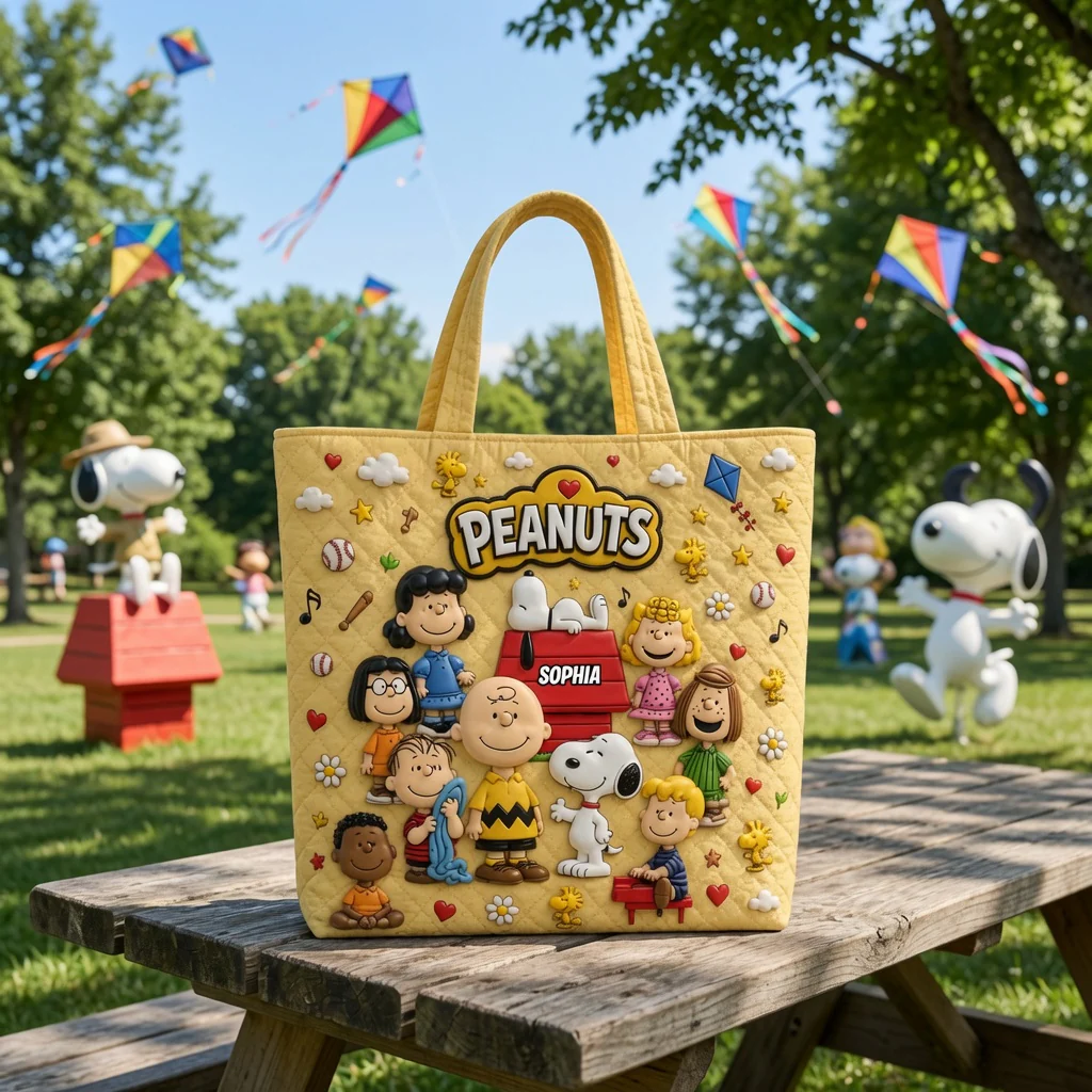 Personalized Peanuts Quilted Tote Bag Custom Name Gift for Her