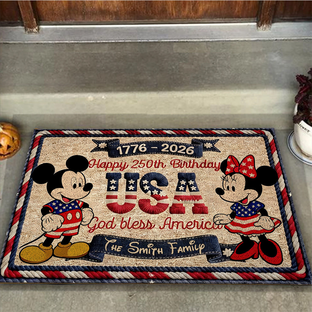 Personalized USA 250th Anniversary Doormat with Mickey & Minnie | Family Gift