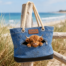 Load image into Gallery viewer, Personalized Highland Cow Denim Beach Bag Custom Name Gift for Farmer
