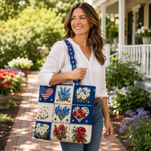 Load image into Gallery viewer, Personalized Quilted Tote Bag American Flag Floral Gift for Her
