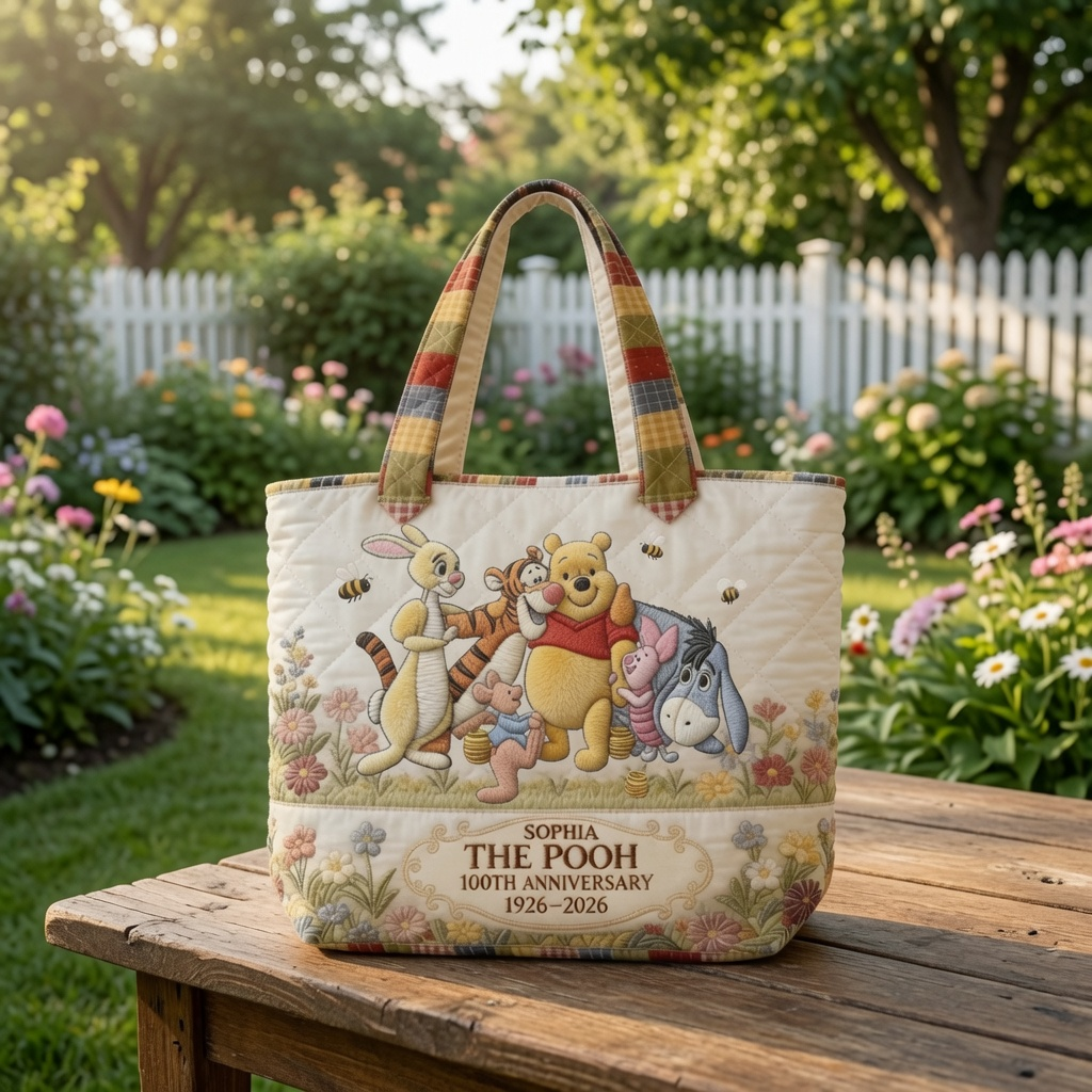 Personalized Quilted Tote Bag with Pooh Characters Gift for Movie Fans
