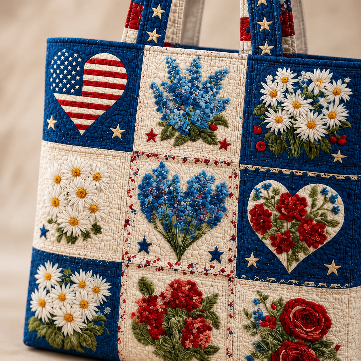 Personalized Quilted Tote Bag American Flag Floral Gift for Her