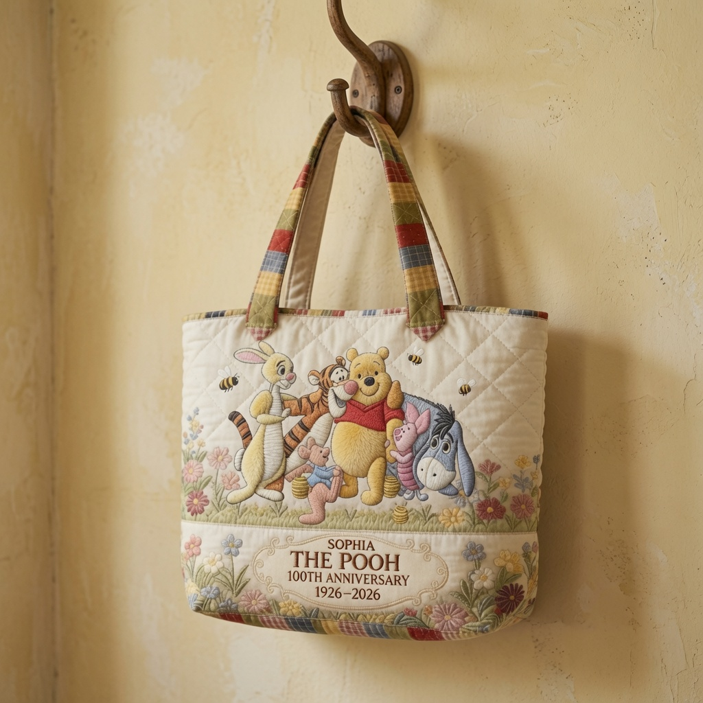 Personalized Quilted Tote Bag with Pooh Characters Gift for Movie Fans